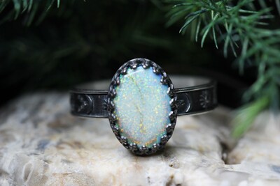 Opal Ring * Solid Sterling Silver Ring* Celestial Pattern Band * Full Moon * 14x10mm* Monarch Opal *  Any Size - image3